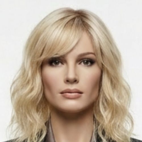 Kurze, lockige, blond-braun-graue Perücke mit Pony – hitzebeständige