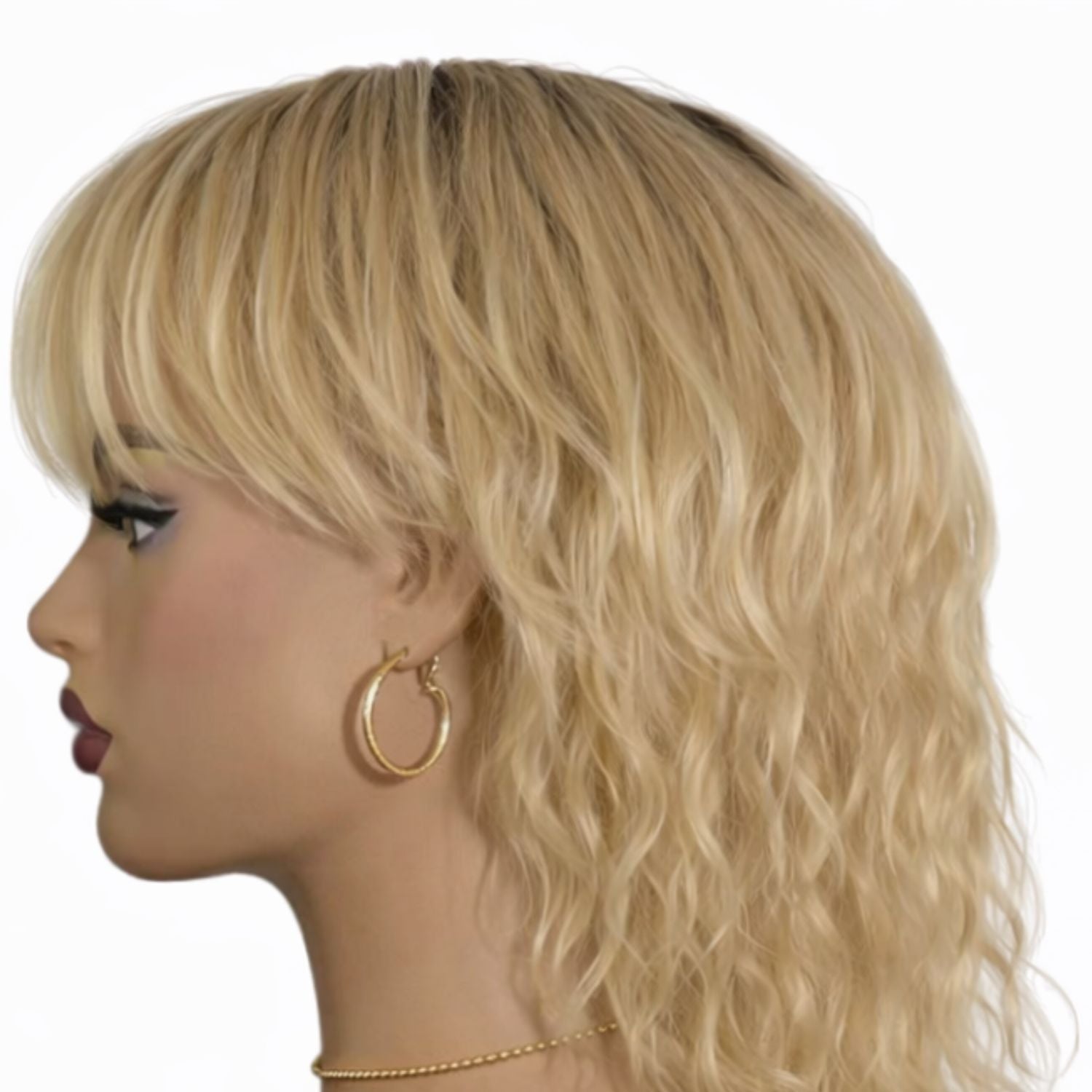 Blonde Lockenperücke kurz mit Pony – Seitenansicht – LUX-Anic