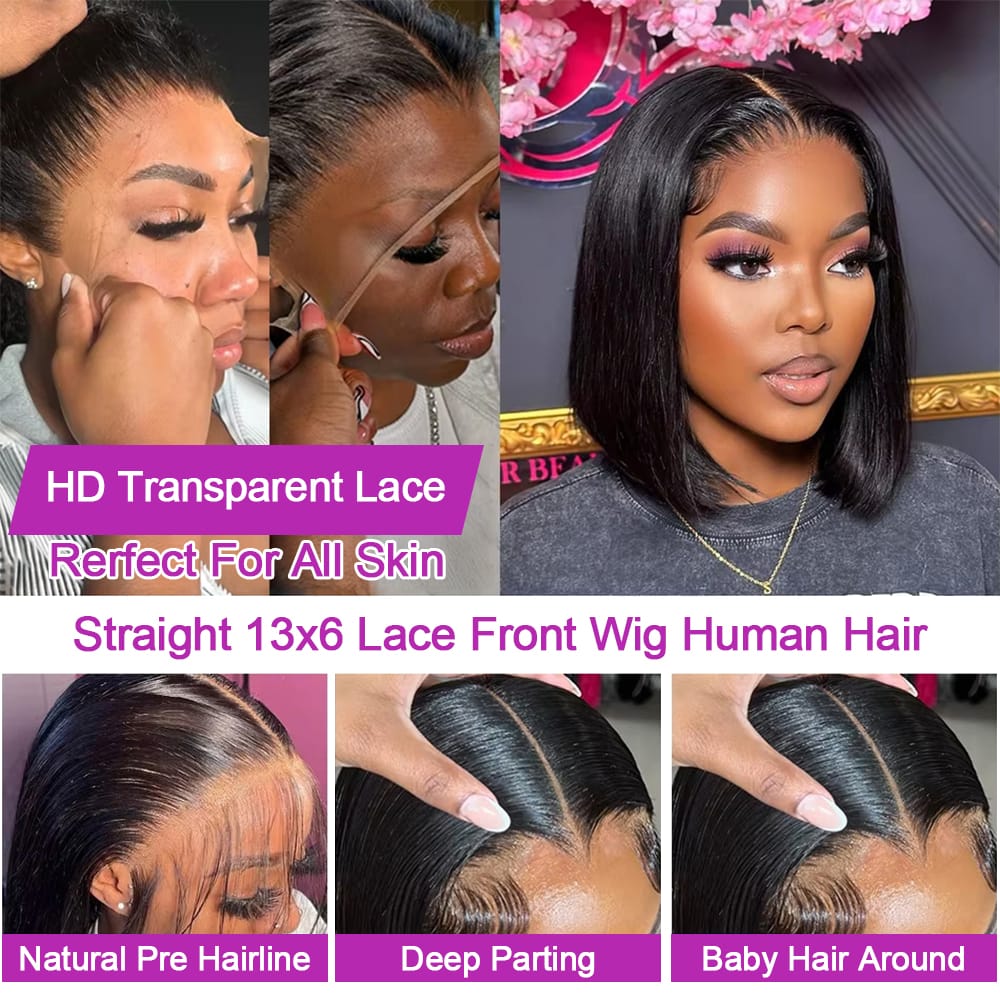 Perruques carrées courtes en cheveux 100% naturels, lisses, sans colle - Dentelle frontale HD